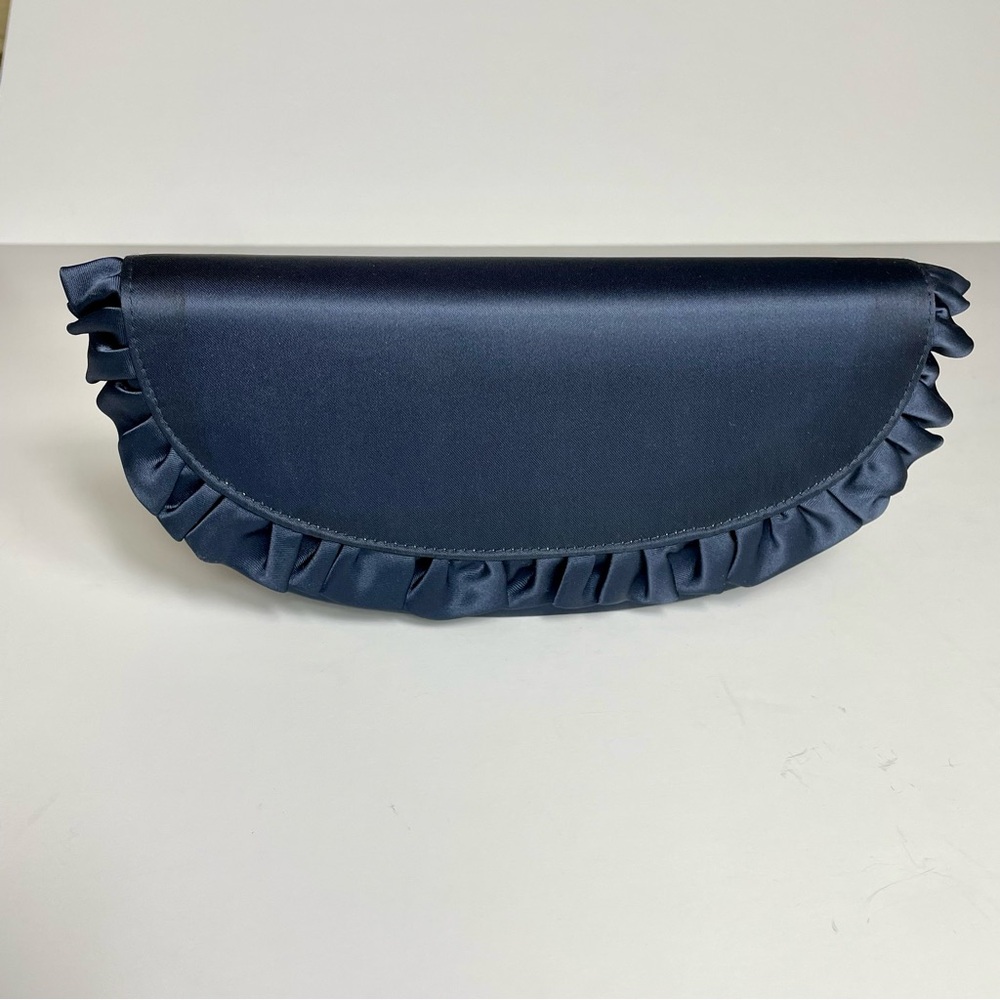 La Regate Navy Ruffle Satin Evening Bag Clutch Purse with Strap